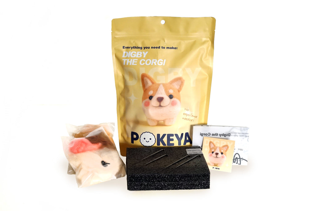 Digby the Corgi needle felting kit with felt, felting pad, needles, template, and card with link to full video instructions