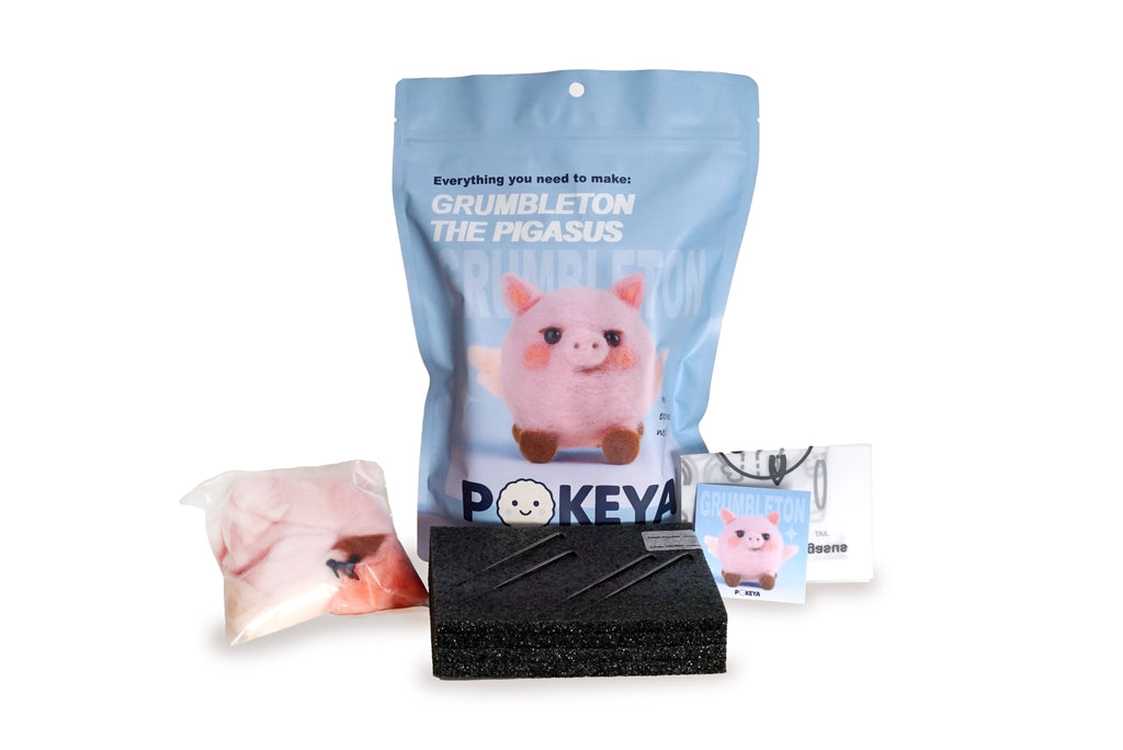 Grumbleton the Pigasus needle felting kit with felt, felting pad, needles, template, and card with link to full video instructions