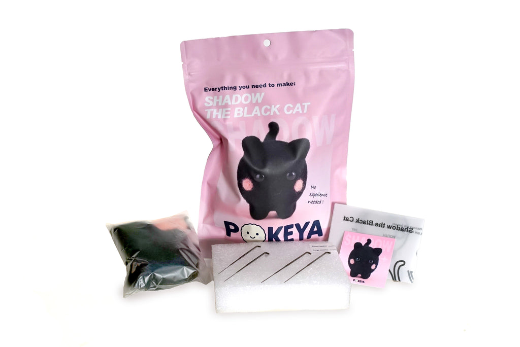 Shadow the Black Cat needle felting kit with felt, felting pad, needles, template, and card with link to full video instructions